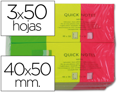 3x50 notas adhesivas quita y pon Q-Connect 40x50mm. neón verde amarillo rosa